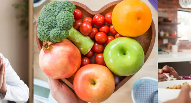couple exercising, bowl with fruit, couple eating