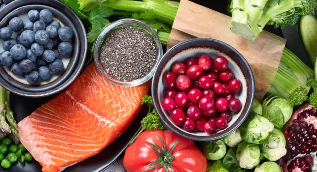 overhead picture of fruits, vegetables, and proteins