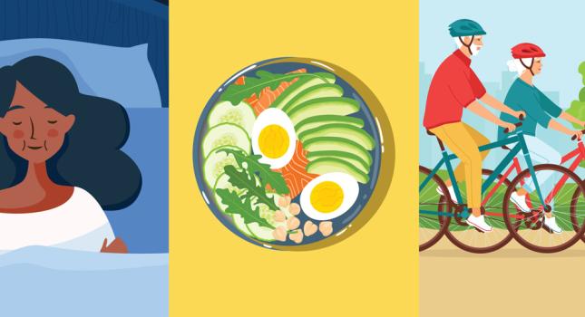 a collage of images with a heart, a lady sleeping, a plate of healthy food, elderly seniors biking, and two people talking