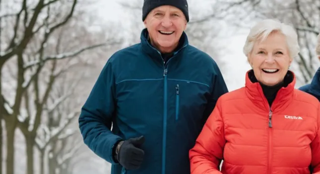 3 elderly seniors running in the snow
