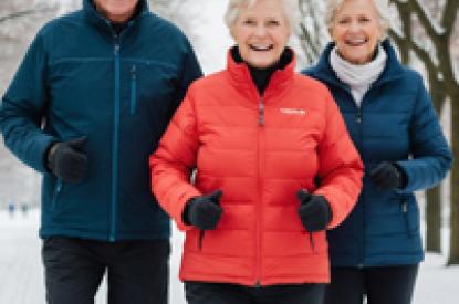 3 elderly seniors running in the snow